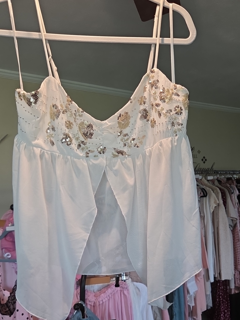 White Sequin Embellished Fairy Spaghetti Strap Top